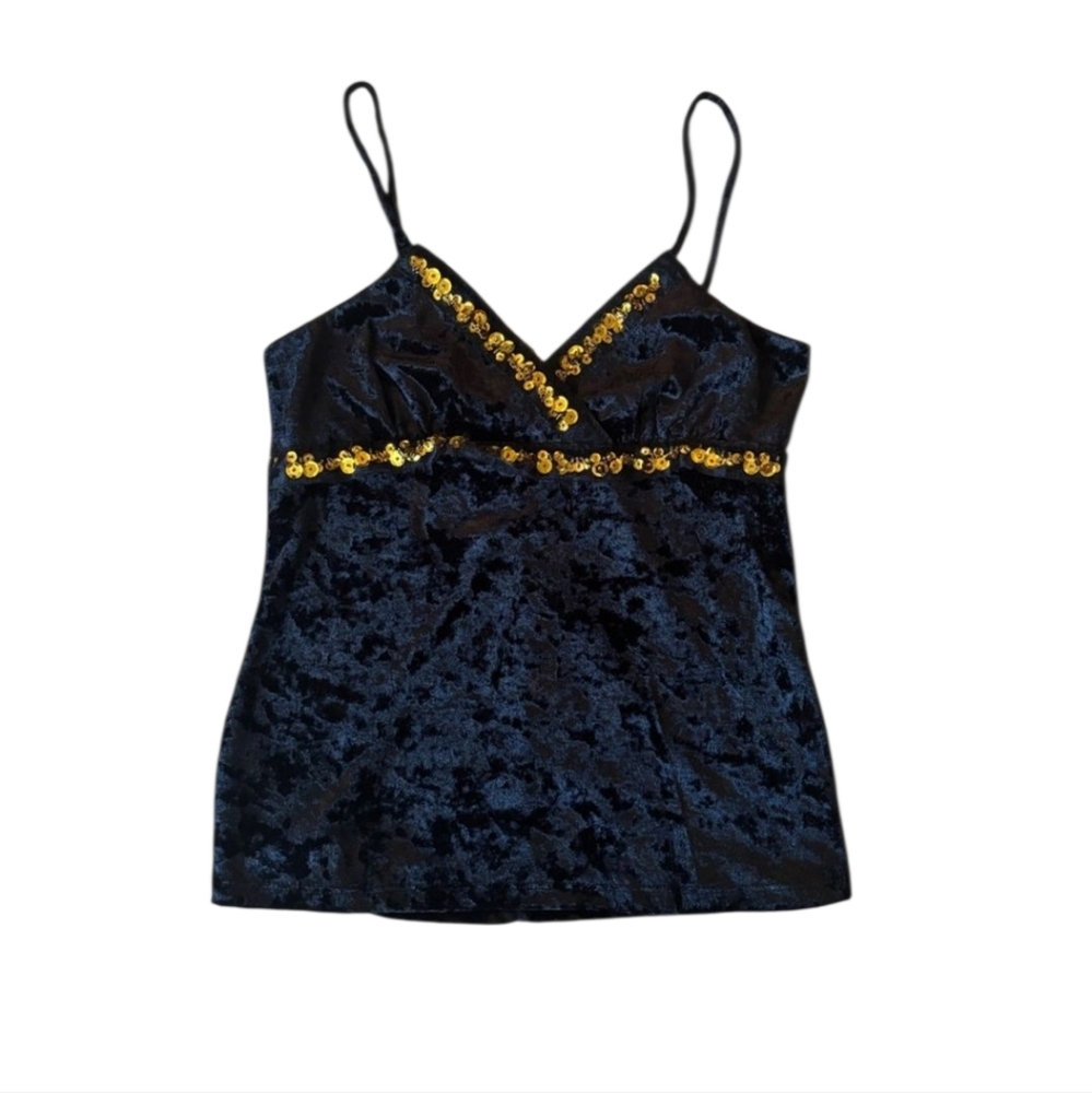 Vintage Y2K Top XS Velvet Sequin Sleeveless Tank Black Gold Surplice Ribbon